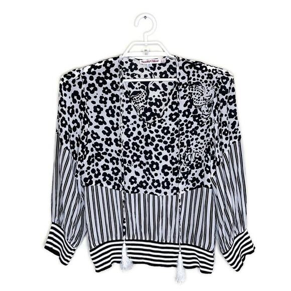 SEE By CHLOE Women's‎ Silk Black White Animal Leopard Print Flowy Blouse Sz 4 - Picture 1 of 7